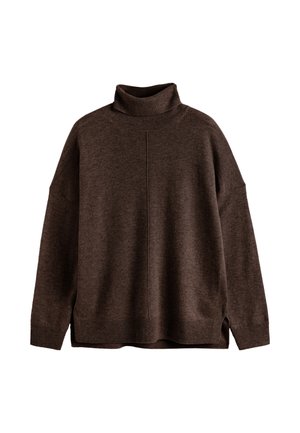 Maglione in maglia marrone con collo alto a polo, spalle scese, spacchi laterali e polsini a coste. Tessuto morbido e vestibilità rilassata.