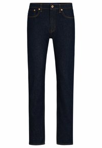Jeans de mezclilla azul oscuro con un diseño de pierna recta, que cuentan con costuras naranjas, cinco bolsillos y un cierre de botón en la cintura.