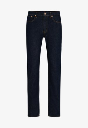 Jeans in denim blu scuro con un design a gamba dritta, caratterizzati da cuciture arancioni, cinque tasche e un bottone di chiusura in vita.