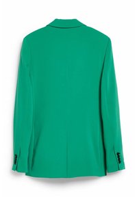 Blazer vert sur mesure avec manches longues et boutons noirs aux poignets, vu de dos sur fond blanc.