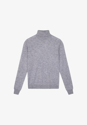 Pull à col roulé gris clair, manches longues, en tissu doux, avec un col ajusté et un ourlet et des poignets côtelés. Design simple, sans motifs.