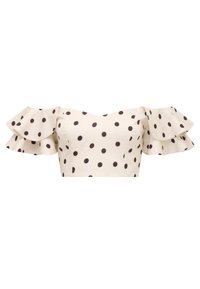 Kermanen off-shoulder crop top, jossa on suuria mustia pilkkuja ja kerrokselliset röyhelöhihat.