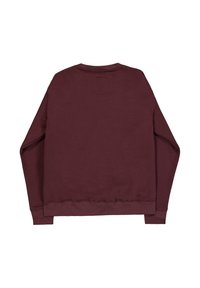 Solid mørkebrun langærmet crewneck-sweatshirt lagt fladt ud, der viser bagsiden med ribstrikkede manchetter og kant.