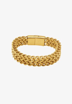 Goudkleurige metalen armband met een ingewikkeld gevlochten ontwerp, voorzien van een stevige sluiting en een gladde oppervlakte voor een gepolijste uitstraling.