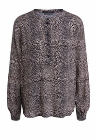 Langärmlige Bluse mit Rundhalsausschnitt, ausgestattet mit einem schwarz-beigen Punktmuster und Knopfdetails auf der Vorderseite. Weicher Stoff.
