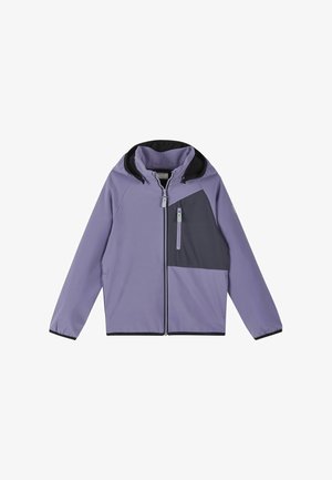 Lila und dunkelgraue Kapuzenjacke mit durchgehendem Frontreißverschluss und Reißverschlusstasche auf der Brust, elastischen Bündchen und schwarzem Innenfutter der Kapuze.