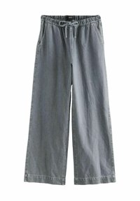 Bredde ben, elastisk talje pants i lys grå denim. Der er snor, sidelommer og enkel syning. Blød tekstur og afslappet design.