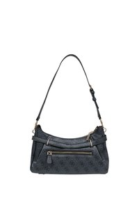 Bolso de mano gris oscuro hecho de material sintético texturizado, con dos compartimentos con cremallera y correa de hombro ajustable.