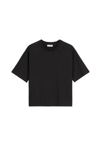 T-shirt nera in cotone con maniche corte, scollatura a girocollo e vestibilità comoda. Texture liscia e design semplice senza motivi o decorazioni.