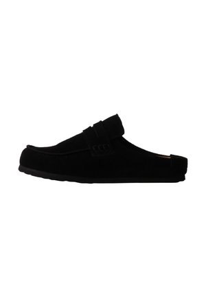 Black slip-on mule shoe with a rounded toe and a strap detail across the upper, displayed against a white background.