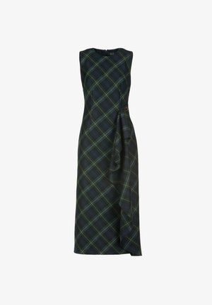 Abito senza maniche a quadri con motivi blu scuro, verde e bianco. Include un dettaglio drappeggiato su un lato e una chiusura con zip discreta sul retro.
