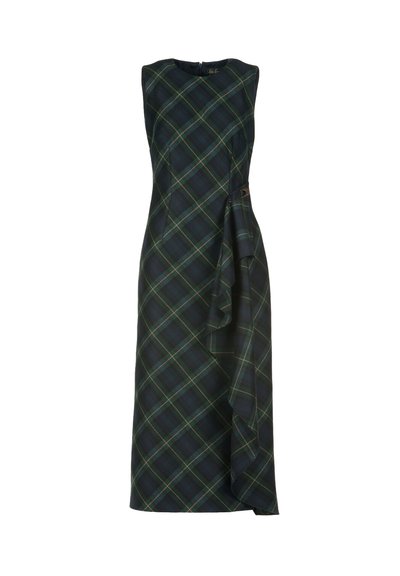 Abito senza maniche a quadri con motivi blu scuro, verde e bianco. Include un dettaglio drappeggiato su un lato e una chiusura con zip discreta sul retro.