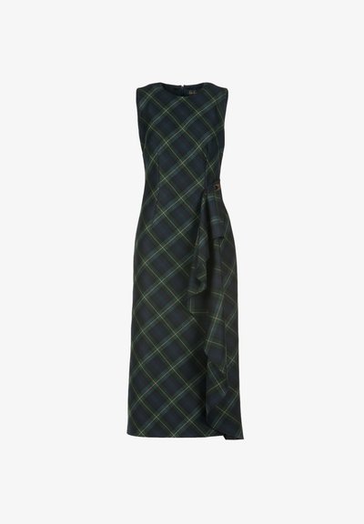 Bezrokav oblečen s karirastim vzorcem v temno modri, zeleni in beli barvi. Vključuje drapirano podrobnost na eni strani in neopazen zadrgo na zadnji strani.