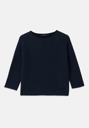 Navy blue knit sweater with a round neckline and three-quarter raglan sleeves. Features a textured pattern and raw hem details.