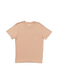 Short-sleeve t-shirt in light peach, made of soft cotton, featuring a chest pocket and minimalistic design with subtle shoulder stitching.