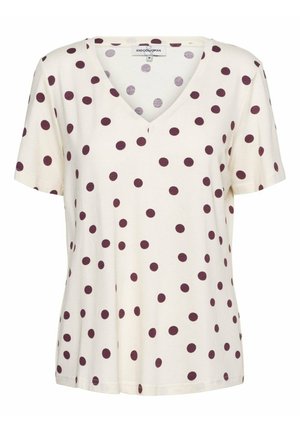 Crèmekleurige blouse met korte mouwen en V-hals, met verspreide donkerrode polkadots en een losse pasvorm.