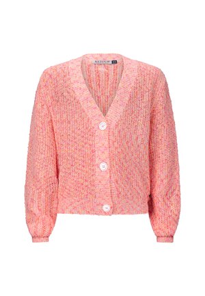 Kurze pinkfarbene Strickjacke mit V-Ausschnitt, langen Puffärmel und drei großen weißen Knöpfen auf der Vorderseite. Strukturierter Stoff über die gesamte Jacke.