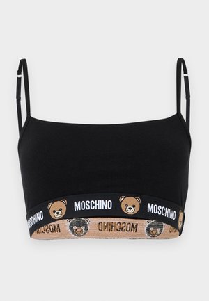 Fekete crop top vékony állítható pántokkal és két rugalmas szalaggal az alján, amelyeken maciarcok és a "Moschino" márkajelzés látható.