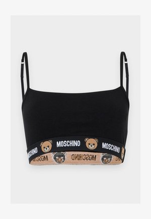 Μαύρο crop top με λεπτές ρυθμιζόμενες τιράντες και δύο ελαστικές ταινίες στο τελείωμα με πρόσωπα αρκούδων και σήμανση "Moschino".