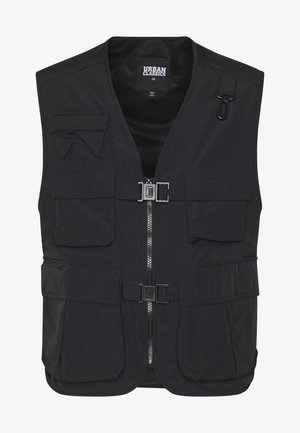 Sort utility vest lavet af letvægtsstof, med flere frontlommer, en lynlåslukning og en mesh-inderside for ventilation.