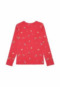 Punainen ryppylangallinen pitkähiha toppi, jossa on sininen, keltainen ja valkoinen kukkakuosi. Pyöreä kaula-aukko, pehmeä pinta ja tiukka malli.