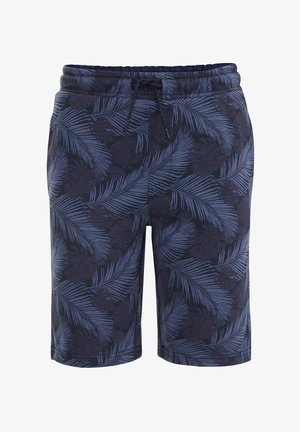 Marineblaue Shorts mit dunkelblauem tropischem Blattmuster, elastischem Bund und schwarzer Kordel vorne.