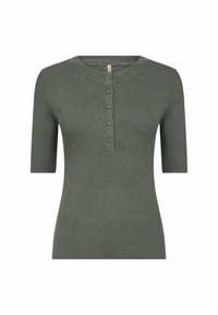 Ribbed short-sleeve top in olive green, featuring a rounded neck and five-button placket with matching buttons for a cohesive look.