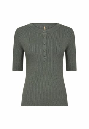 Ribbed short-sleeve top in olive green, featuring a rounded neck and five-button placket with matching buttons for a cohesive look.