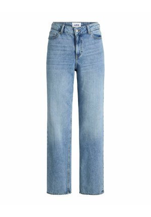 Lyseblå høj talje straight-leg jeans med forreste knap, lynlås, bæltestropper og fem-lomme design.