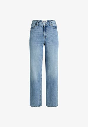 Lyseblå høj talje straight-leg jeans med forreste knap, lynlås, bæltestropper og fem-lomme design.