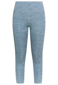 Jasnoniebieskie legginsy sportowe o heatherowym tle, z wysokim pasem i dopasowanym krojem. Brak widocznych ozdób lub wzorów.