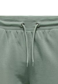 Pantalones de chándal verde claro con cintura acanalada, que cuentan con ojales de metal y un cordón para ajuste. Textura de tela suave y lisa.