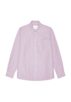 Πουκάμισο με κουμπιά σε ανοιχτά παστέλ χρώματα με κάθετες ροζ και μωβ ρίγες. Διαθέτει κλασικό γιακά, μακριά μανίκια και τσέπη στο στήθος.