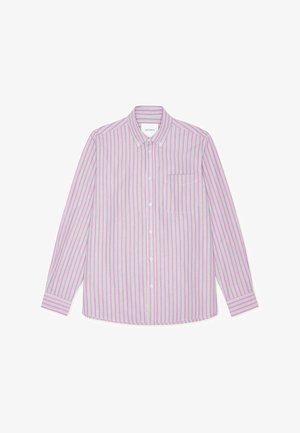 Gombos, világos pasztellszínekben, függőleges rózsaszín és lila csíkokkal. Klasszikus gallér, hosszú ujjú és mellzseb található rajta.