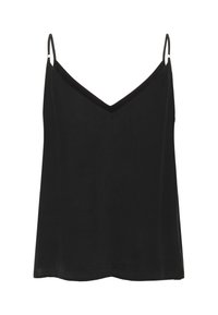 Fekete ujjatlan top állítható vékony vállpántokkal és V-kivágással, fehér háttér előtt.