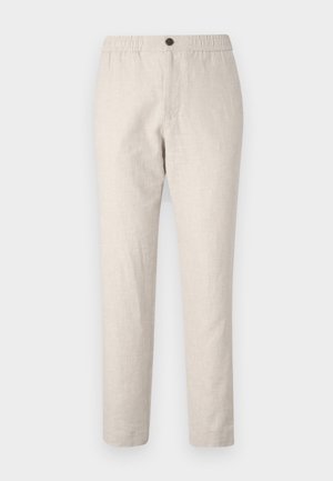 Lichtbeige linnen broek met een elastische tailleband, een enkele knoopsluiting en een eenvoudige, taps toelopende ontwerp.