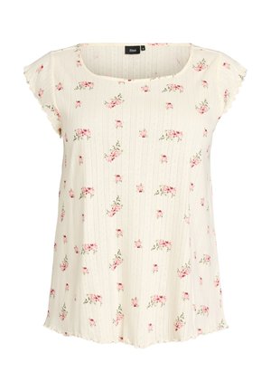 Kremowa bluzka z krótkim rękawem w różowy kwiatowy wzór, z kwadratowym dekoltem i falbankami na rękawach oraz dole.
