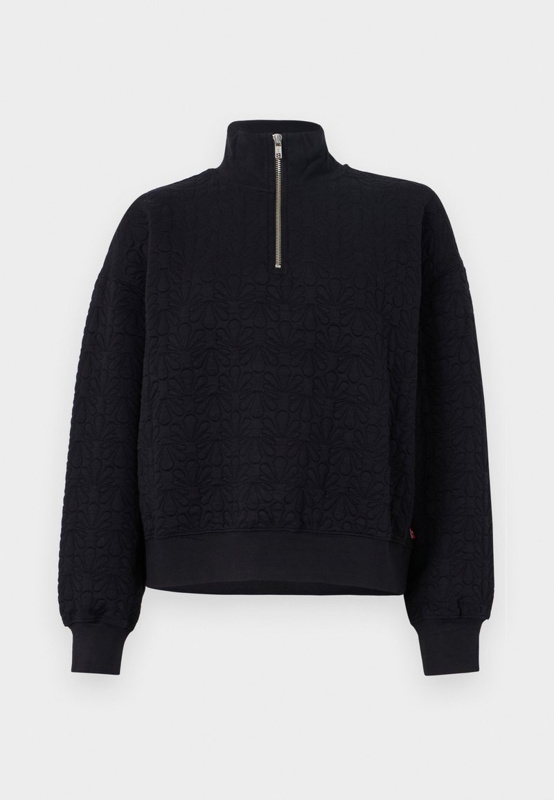 Sudadera negra de pullover con cuello alto, cierre de cremallera de cuarto, patrón floral texturizado, hombros caídos y puños de punto.