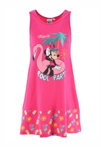 Rosa ärmelloses Kleid mit einem Grafik von Minnie Maus auf einem Flamingo, umgeben von tropischen Palmen und einem gemusterten Saum mit Sonne und Ananas.