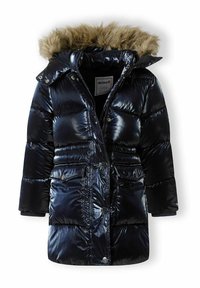 Navy puffer jacket with a glossy finish, fur-lined hood, two front pockets, and snap-button closure, displaying quilted texture.