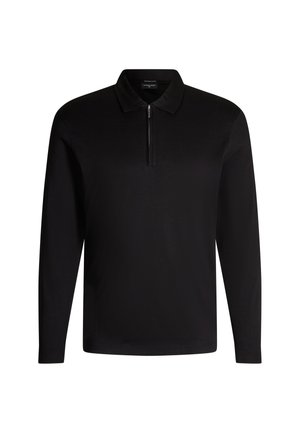 Polo a maniche lunghe nero con colletto a zip. Realizzato in tessuto morbido, con un colletto strutturato e una vestibilità informale. Nessun motivo visibile.