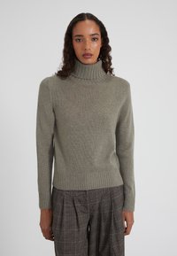 Hellgrüner gestrickter Rollkragenpullover mit gerippten Bündchen und Saum, aus weichem Material gefertigt, mit einer lockeren Passform für zusätzlichen Komfort.
