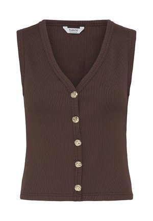 Varrukateta pruun soonikkoes vest, millel on V-kaelus ja kuus tekstuuriga kuldset nööpi ees.