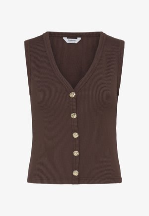 Varrukateta pruun soonikkoes vest, millel on V-kaelus ja kuus tekstuuriga kuldset nööpi ees.
