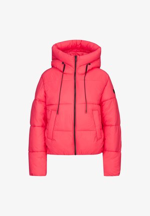 Rosa Daunenjacke mit Kapuze, ausgestattet mit einem Reißverschluss, elastischen Kordeln und horizontalen Steppnähten. Mit Fronttaschen.