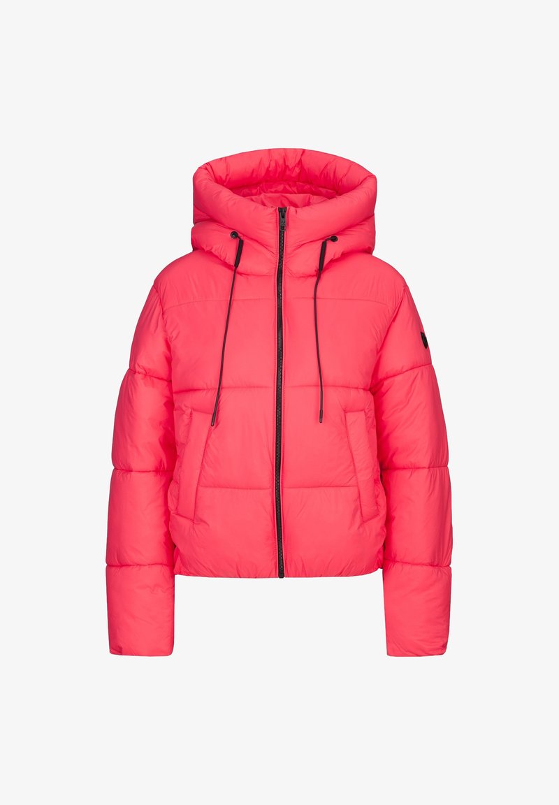 Rosa Daunenjacke mit Kapuze, ausgestattet mit einem Reißverschluss, elastischen Kordeln und horizontalen Steppnähten. Mit Fronttaschen.