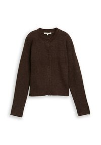 Brauner gerippter Cardigan mit Rundhalsausschnitt, langen Ärmeln und fünf Knöpfen auf der Vorderseite. Weiche Textur und kürzerer Schnitt.