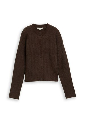 Bruine geribde cardigan met een ronde halslijn, lange mouwen en vijf knopen aan de voorkant. Zachte textuur en verkorte stijl.
