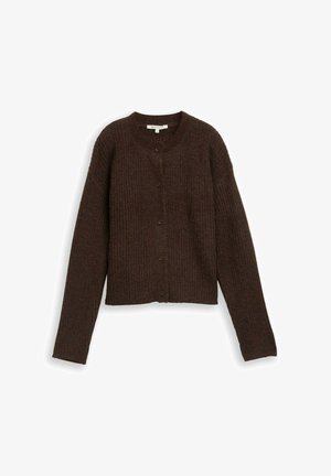 Brauner gerippter Cardigan mit Rundhalsausschnitt, langen Ärmeln und fünf Knöpfen auf der Vorderseite. Weiche Textur und kürzerer Schnitt.