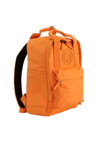 Orange backpack made of durable fabric with padded back, adjustable straps, single front pocket, and a round logo detail.